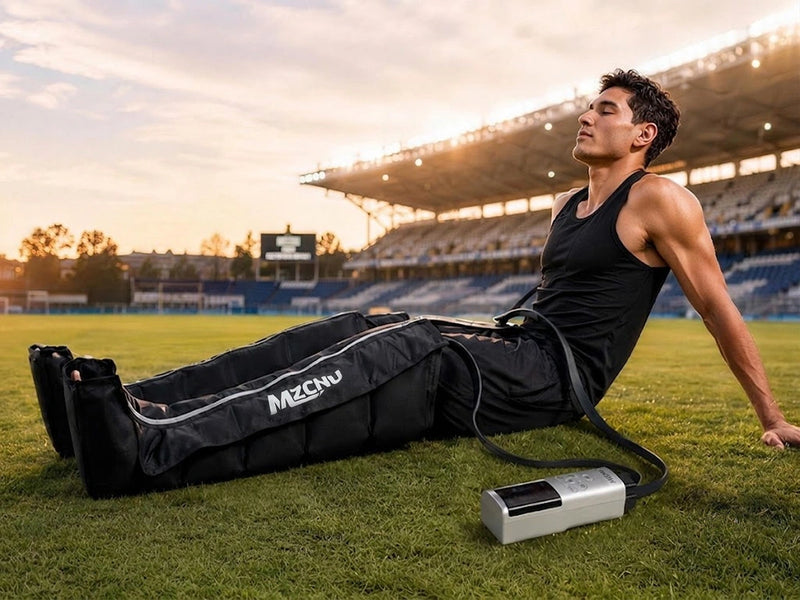 Athlete relaxing with MZCNU leg compression massager after a workout