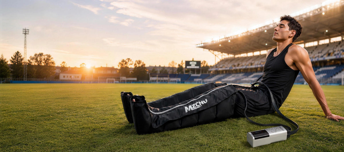 Athlete relaxing with MZCNU leg compression massager after a workout